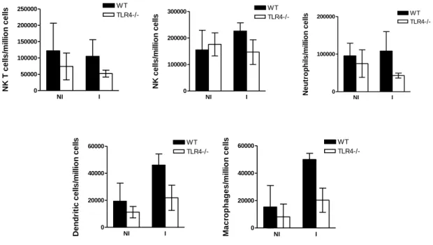 Figure 10 Cell numbers of non-parenchymal populations in the liver. Liver non-parenchymal  cells  from  naïve  and  infected  wild-type  and  TLR4-knockout  C57BL/6  mice  were  purified  and  stained  for  different  cell  markers:  CD8  T  cells,  CD4  T