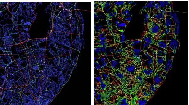 Figure 4 – the dual structure of the city: Foreground structure, t1024 choice (right) and Background  structure, metric mean depth r1000 (left)