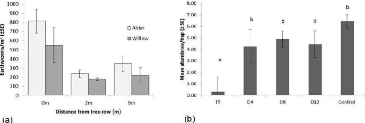 Figure 3: (a) Earthworm abundance at different distances from the tree row in alder and willow  agroforestry plots