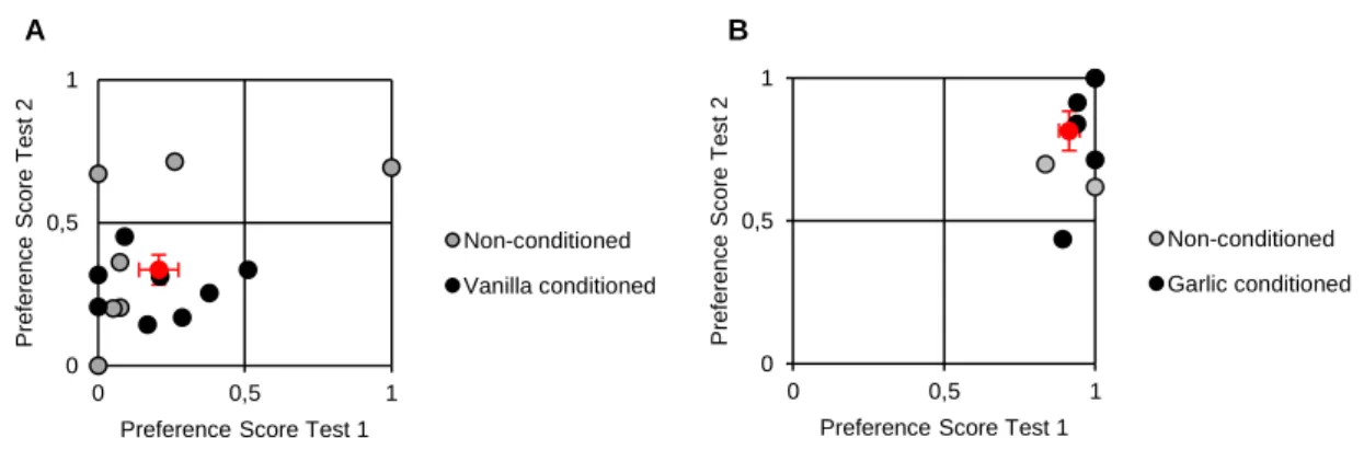 Figure 7 A) Musculus female’s preference score for garlic-painted musculus males in the first and  second test (Mann-Whitney test, U = 67, N = 15,  P = 0.061)