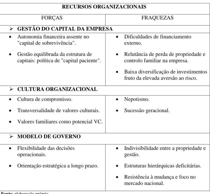 Tabela 8. Sumário dos recursos organizacionais. 