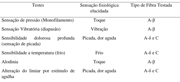 Tabela 1 - Resumo dos testes e tipos de estímulos em distintas fibras sensoriais. 