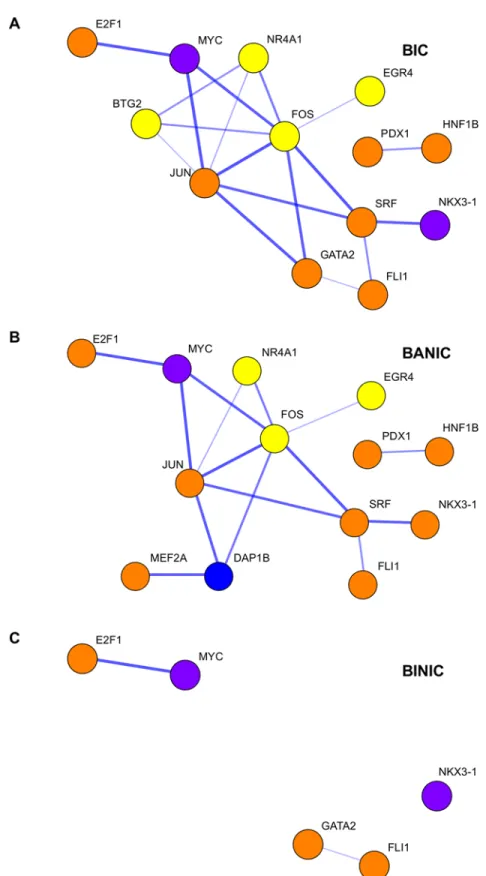 Fig 4. Transcription networks of the different behavioral groups. Networks consisting of DE genes and enriched transcription factors TF for the behavioral groups: (A) bystanders to interacting conspecifics (BIC);