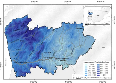 Fig. 1. Location of Northern Portugal, mean annual precipitation (1931–1960) in study area (adapted from [1]).
