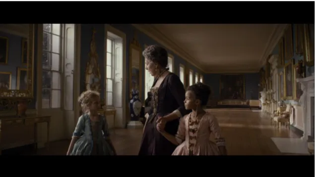 Fig. 16. (00:06:18) - Dido and Elizabeth as children in Kenwood’s hallway of paintings,  featured here for the first time in Belle