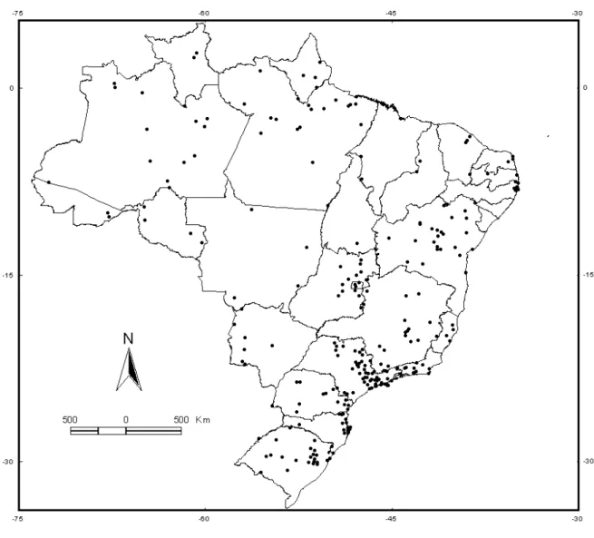 Figura 2: Total de pontos de coleta para o Brasil no período avaliado. A identificação de  cada localidade, assim como a distribuição das espécies em cada localidade, encontram-se  no Anexo 1 desta dissertação