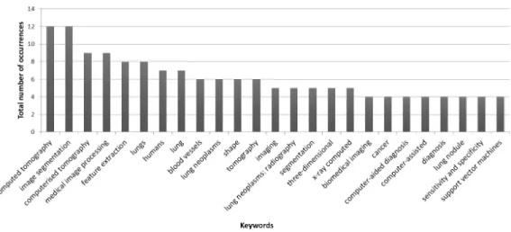 Figure 4: Keywords most used in the works classified as being related to the lung 3D segmentation of pulmonary nodules from CT images.