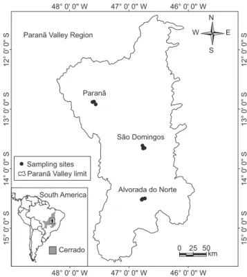 Figure 1. Location of Paranã Valley Region, showing the sampling areas and  sites. Alvorada do Norte encompassed cerrado sensu strictu (1 site), cerradão  (1 site), and seasonally dry tropical forest (1 site); São Domingos encompassed  only seasonally dry 