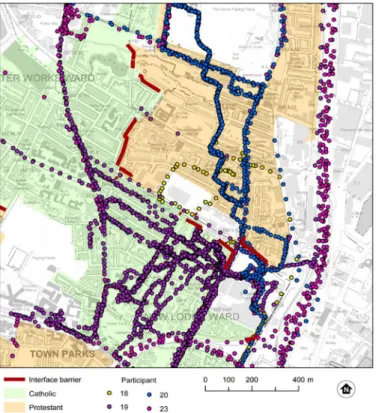 Figure 4. Capturing residents’ movements through everyday spaces in Belfast using GPS tracking and GIS data capture and representation (see Hocking et al., 2018).