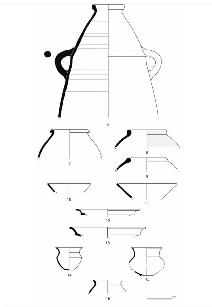 Figura 8: Importações identificadas na Rua dos Correeiros (n.º 1 e 4) e principais morfologias cerâmicas da Fase III  (n.º 5 a 9 – ânforas; n.º 10 a 16 – cerâmica cinzenta) (segundo Sousa, 2014; Sousa e Pimenta, 2014; modificado).