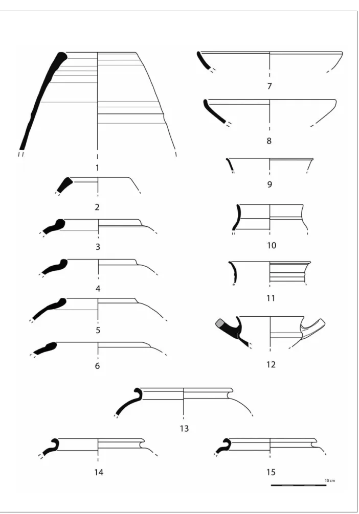 Figura 10: Principais morfologias cerâmicas da Fase IV (n.º 1 a 6 – ânforas; n.º 7 a 12 – cerâmica cinzenta; 