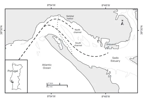 Figure 1. Map of study area in Sado estuary, Portugal. Ferry boat route is shown in black dashed line and ship channel is shown in black long dashed line.