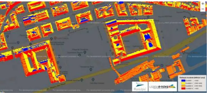 Figure 2. Solar potential chart for Lisbon for the downtown area around ‘Terreiro do Paço’ 