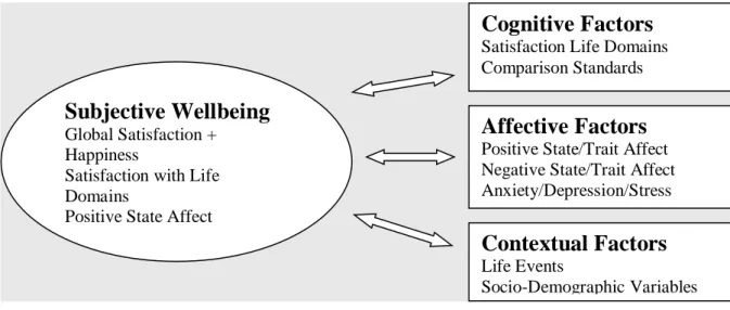 Figure 1: Representation of the relationships between Subjective Wellbeing measures and cognitive,  affective and contextual variables 
