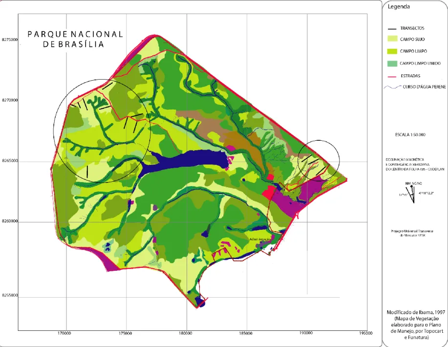 Figura 3. Área do Parque Nacional de Brasília, com indicação das 12 transeções de amostragem nas áreas circuladas 