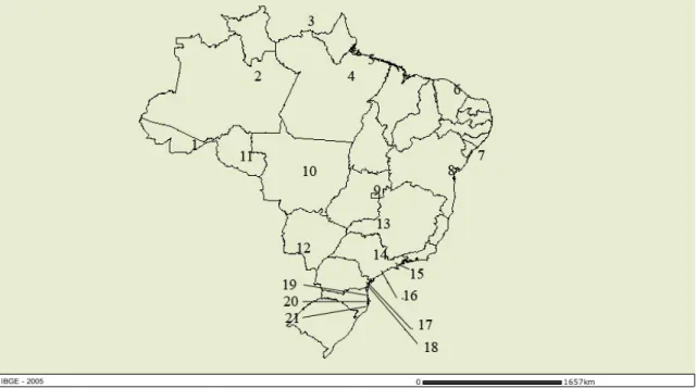 Figura 1. Mapa do Brasil com as localidades amostradas para o capítulo 2 (vocalizações)  durante o período de estudo (2004-2007)