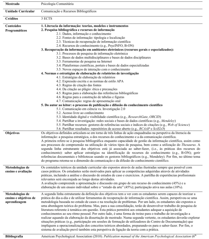 Tabela 2: Caracterização da unidade curricular Comunicação e Recursos Bibliográficos  Mestrado  Psicologia Comunitária 