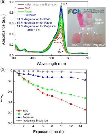 Figure 8. (a) Rhodamine B absorbance spectra at different solar light exposure times up to 15 h