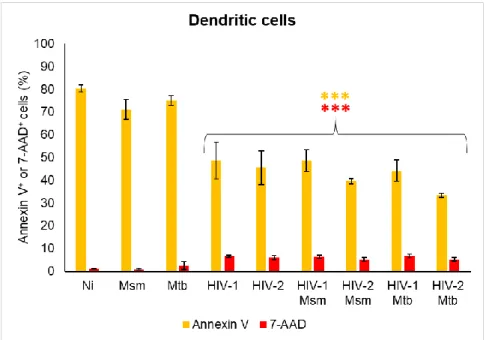 Figure  3:  Cell  death  of  dendritic  cells  mono-infected  and  co-infected  with  mycobacteria  and  virus