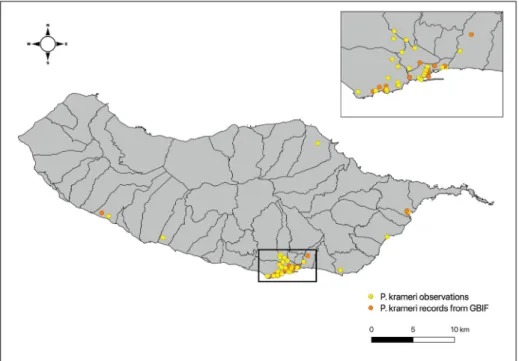 Figure 3. Distribution of the observations of ring-necked parakeets Psittacula krameri in Madeira  Island between 2001 and 2019