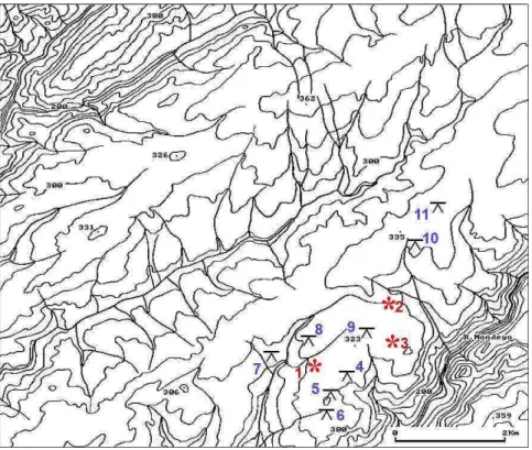 Fig. 10 – Habitat sites and megalithic monuments of the Orca da Lapa do Lobo surroundings: