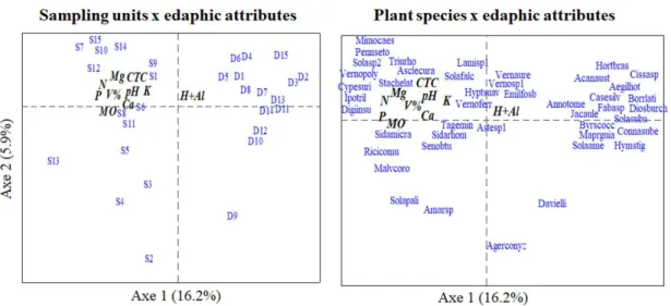 Figure 4. Canonical Correspondence Analysis (CCA) ordination for distribution of sampling units  (mounds = D1 to D15; and rehabilitated substrate = S1 to S15) according to edaphic attributes (Table  2), and  distribution of species (Table 1) influenced by 