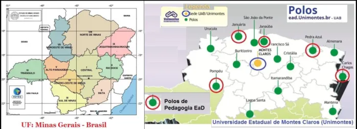 Figura 02: Mapas do Estado de Minas Gerais – Regiões de Planejamento; e dos Polos EaD/Unimontes em MG