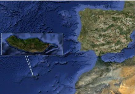 Figura 1 - Localização Geográfica da ilha da Madeira   (Fonte: Adaptado do Google Maps) 