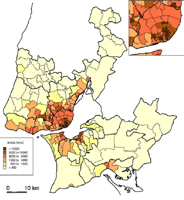 Fig. 2. Population Density in the Lisbon Metropolitan Area, 2001 