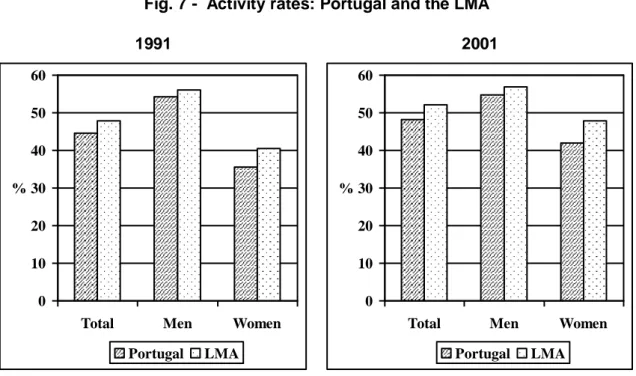 Fig. 7 -  Activity rates: Portugal and the LMA  1991  2001  0 102030405060