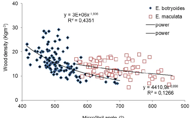 Fig. 6. Correlation between microfibril angle and wood density for E. botryoides and E