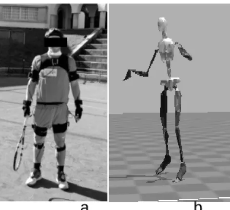 Figure 3 – a) Subject with the Xsens MVN system ready for data collection; b) Biomechanical  model of Xsens