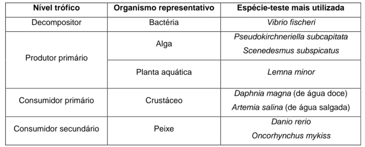 Tabela 3.1 – Níveis tróficos da pirâmide ecológica, organismos representativos e espécies mais utilizadas                         nos testes de ecotoxicidade  [adaptado de 68]