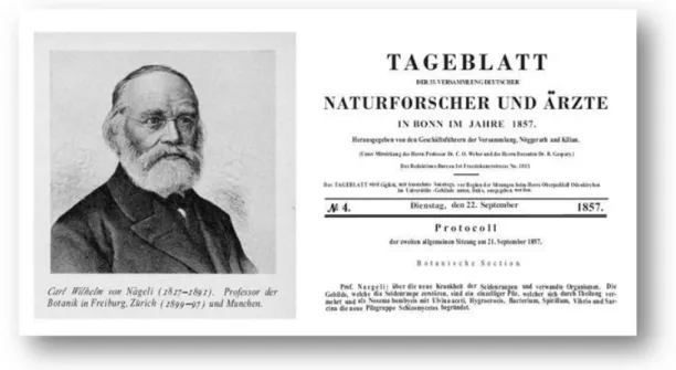 Figura  1 .  Fotografia  de  Karl  Wilhelm  von  Nägeli  (1817-1891)  e  capa  da  publicação  aludindo à sua palestra sobre  N