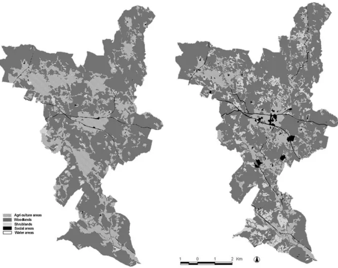 Fig. 2 S. Bartolomeu da Serra land cover based on five main land use classes: woodlands, agriculture lands, shrublands, social and water areas: land cover in 1958 (left); land cover in 2005 (right)