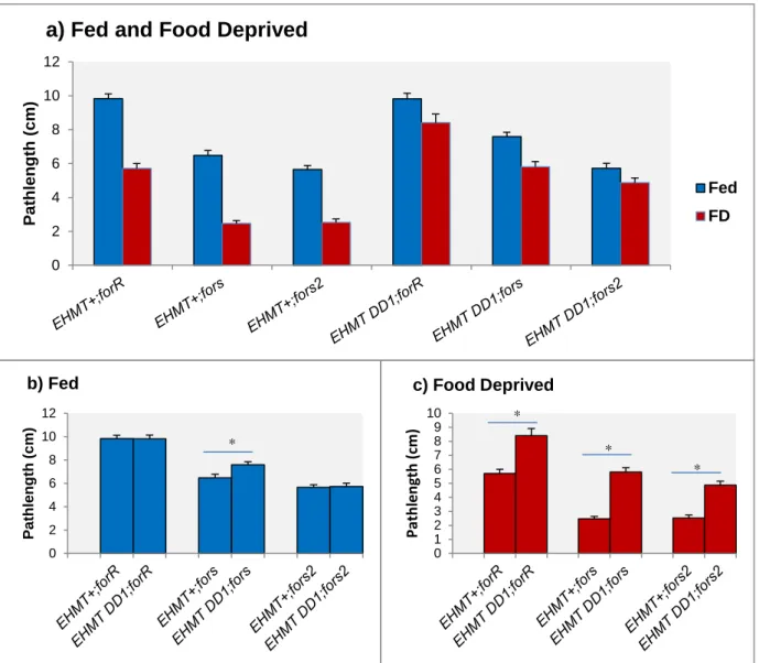 Figure  3.3.3  - Mean  larval  path  length  (centimeters)  ± SE  for  strains  EHMT + ;for R , EHMT + ;for s , EHMT + ;for s2 ,  EHMT DD1 ;for R ,  EHMT DD1 ;for s  and  EHMT DD1 ;for s2 ,  demonstrating:  a)  Comparison  between  fed  and  food  deprived