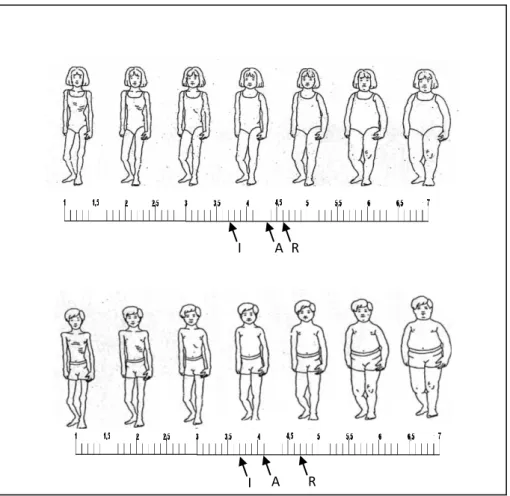 Figura 5. Representação da média da figura actual, ideal e real, indicada pelas raparigas e  rapazes com idades compreendidas entre os 10 e 12 anos