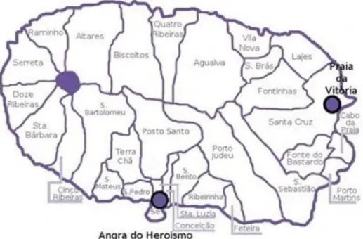 Figura 2 - Mapa da Ilha Terceira com delimitação geográfica das freguesias e indicação dos dois  concelhos (Angra do Heroísmo e Praia da Vitória)