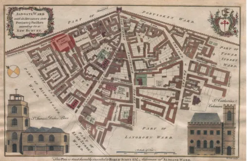 Fig. 4.  Mapa de Aldgate (1754) de Benjamin Cole. A área da sinagoga está destacada a vermelho