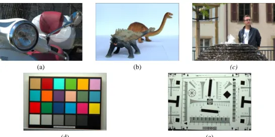 Figure 5 Example of a central view rendered from each LF test image: (a)  Vespa, (b) Ankylosaurus_&amp;_Diplodocus_1, (c)  Fountain_&amp;_Vincent_2, (d) Color_Chart_1, and (e) ISO_Chart_12