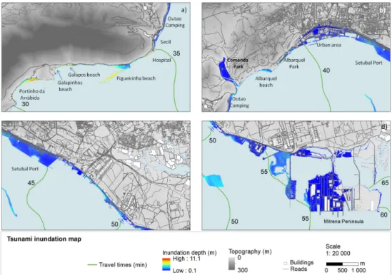 Figure 13. Inundation map due to the 1755 tsunami. Tsunami travel times represent elapsed time  since earthquake, in minutes: (a) Western area; (b) Central area, including the urban area; (c) Eastern  area, including the industrial area; (d) South-east are