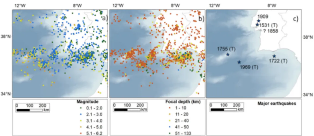 Figure 3. Seismicity in southern Portugal mainland, adapted from [22]: (a) Magnitude; (b) Focal  depth
