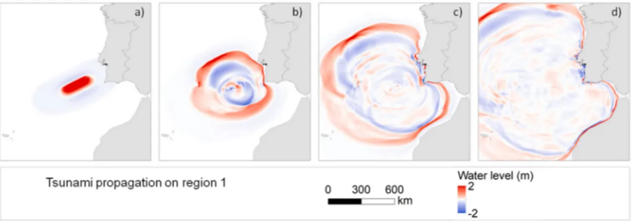Figure 6. Tsunami propagation snapshots of region 1 for the 1755 tsunami: (a) initial sea surface  displacement; (b) 20 min; (c) 40 min; (d) 60 min