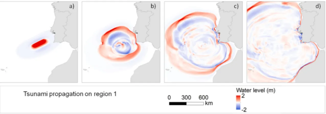 Figure 6. Tsunami propagation snapshots of region 1 for the 1755 tsunami: (a) initial sea surface  displacement; (b) 20 min; (c) 40 min; (d) 60 min