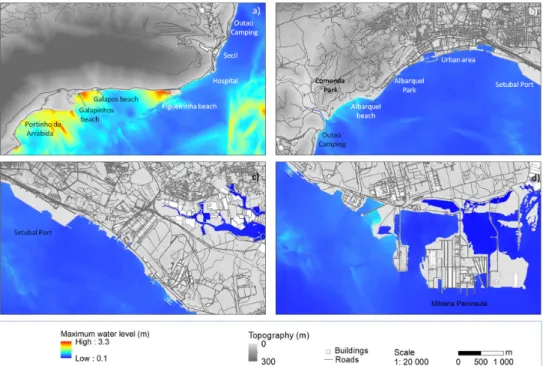 Figure 8. Maximum water level of the 1969 tsunami: (a) Western area; (b) Central area, including the  urban area; (c) Eastern area, including the industrial area; (d) South-east area where the Mitrena  Peninsula is located