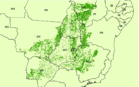 Figura  10.  Mapa  da  cobertura  atual  do  Cerrado.  Mapa  resultante  de  análise  de  imagens de satélites demonstrando as áreas desmatadas e a vegetação remanescente  do Cerrado brasileiro (MACHADO et al., 2004)