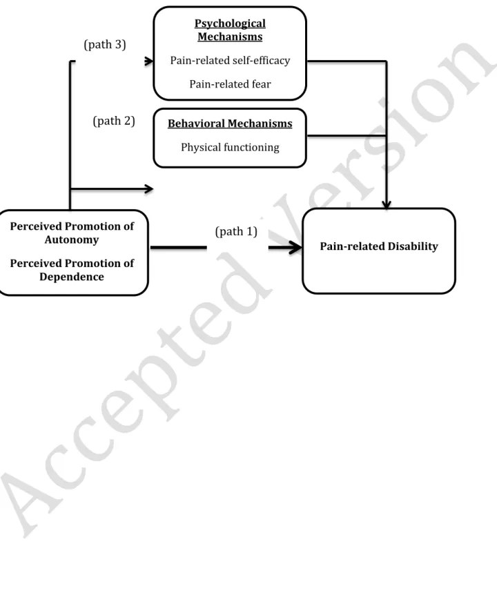 Figure 1 – Direct and indirect effects of perceived promotion of autonomy and dependence  on pain-related disability  Behavioral Mechanisms  Physical functioning  Perceived Promotion of  Autonomy  Perceived Promotion of  Dependence Pain-related DisabilityP