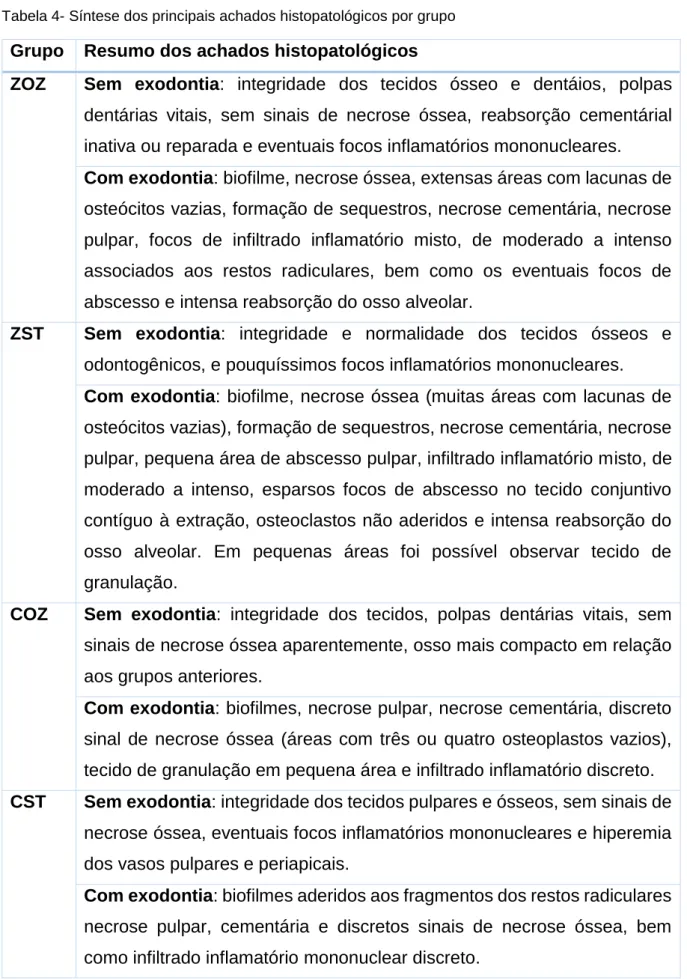 Tabela 4- Síntese dos principais achados histopatológicos por grupo 