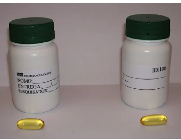 Figura  7.  Frasco  de  armazenamento  das  cápsulas  de  óleo  de  peixe  e  óleo  mineral  (placebo)  de  mesmo aspecto, cor  e tamanho