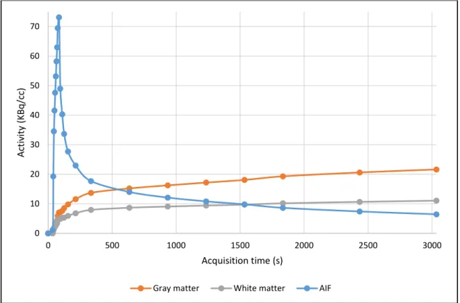 Figure 4. 8: Time activity curve of the brain phantom dynamic dataset.  Arterial input function and gray and  white  matter were shown